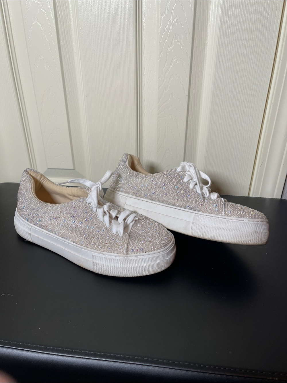 Women's Rhinestone Platform Sneakers - White/Champagne Sparkle
